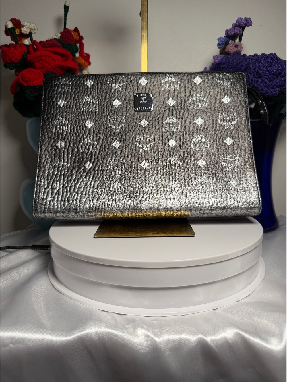 MCM Metallic Silver Leather Zip Clutch Bag EUC